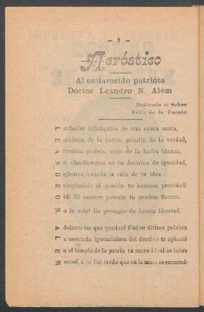 Acróstico : Al esclarecido patrióta Doctor Leandro N. Alem. Dedicado al señor Félix de la Fuente