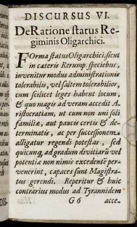 Discursus VI. De Ratione status Regiminis Oligarchici.