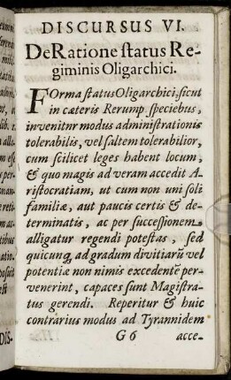 Discursus VI. De Ratione status Regiminis Oligarchici.