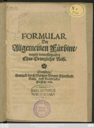 Formular Der Allgemeinen Fürbitte/ wegen bevorstehender Chur-Printzlicher Reise