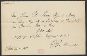 Quittung über Honorar für die Bearbeitung des Klavierauszugs von Gioachino Rossinis "Guillaume Tell" : 22.05.1893