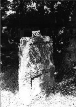 Grabstein 203 (Index: 100085294) Zustand: Schriftplatten entfernt Maße HxBxT: 118x60x29 cm Beschreibung: rechteckige Stele, Schriftplatten: Grabstein 203