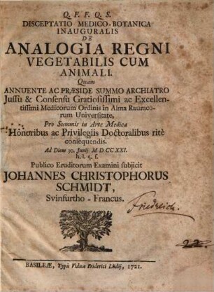 De analogia regni vegetabilis cum animali : diss. med.