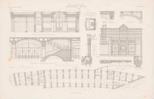Bahnhof Börse, Berlin: Grundriss, Schnitte, Details (aus: Atlas zur Zeitschrift für Bauwesen, hrsg. v. F. Endell, Jg. 35, 1885)