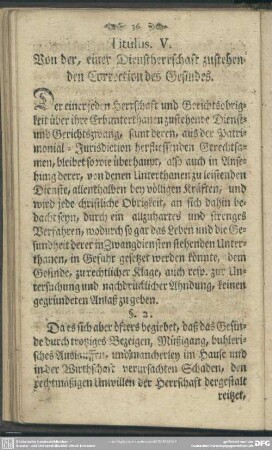 Titulus V. Von der, einer Dienstherrschaft zustehenden Correction des Gesindes