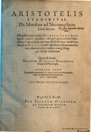 Aristotelis Stagiritae De moribus ad Nicomachum : libri 10