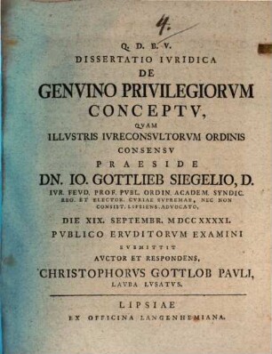 Dissertatio Ivridica De Genvino Privilegiorvm Conceptv