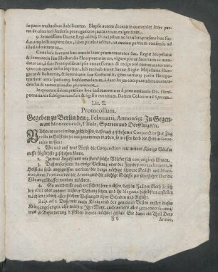 Lit. E. Protocollum. - Lit. G. Extract Schreibens vom Herrn Secretario Raschen/ ...