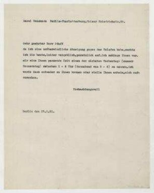 Brief von Raoul Hausmann an Otto Pfaff. Berlin