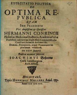 Exercitatio Politica De Optima Repvblica