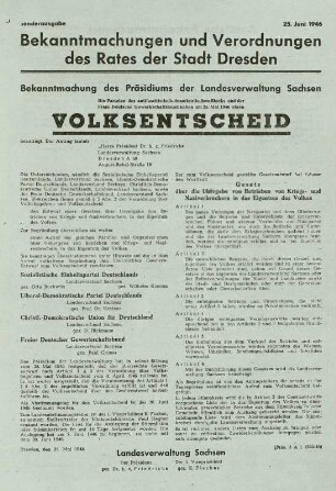 Bekanntmachung des Präsidiums der Landesverwaltung Sachsen über die Durchführung eines Volksentscheides
