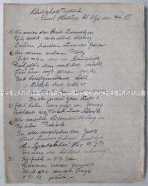 Handschriftliches Gedicht eines Schutzhäftlings aus der Zeit der Weimarer Republik mit maschineneschriftlicher Abschrift und handgezeichnetem Einbandbild