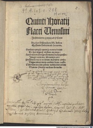 Quinti Horatij Flacci Venusini Jnstitutiones poetar[um] ad Pisones