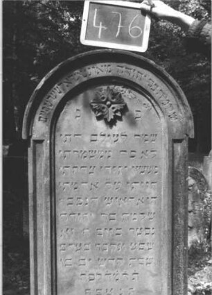 Grabstein 476 (Index: 99895580) Material: Sandstein Zustand: gut Maße HxBxT: 164x60x12 cm Beschreibung: Stele mit Rundbogenabschluss und kleiner Verdachung; Sockel Symbolik: Blüte: Grabstein 476 (2)
