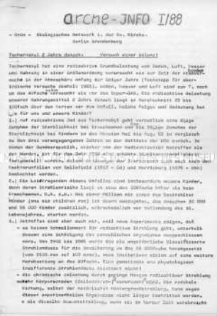 Informationsblatt des Netzwerkes "arche" zur Situation in Tschernobyl zwei Jahre nach der Reaktorkatastrophe - Sachkonvolut