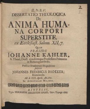 Dissertatio Theologica De Anima Humana Corpori Superstite : ex Ecclesiast. Salom. XII, 7.