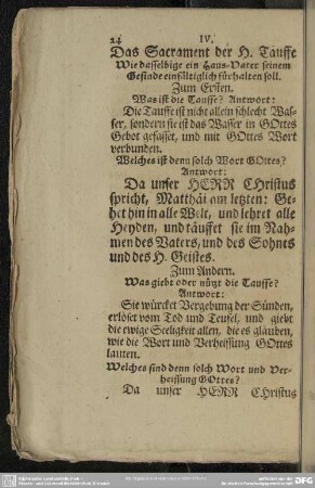 IV. Das Sacrament der H. Tauffe. Wie ein Haus-Vater dasselbige seinem Gesinde einfältiglich fürhalten soll
