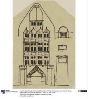 Marienbad, Projekt Kurhotel in Königswart, vorbereitende Skizze, Aufriss eines Teils der Hauptfassade