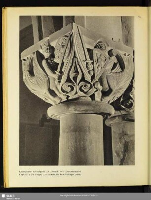 Phantastische Reiterfiguren als Schmuck eines spätromanischen Kapitells in der Krypta (Unterkirche des Brandenburger Doms)