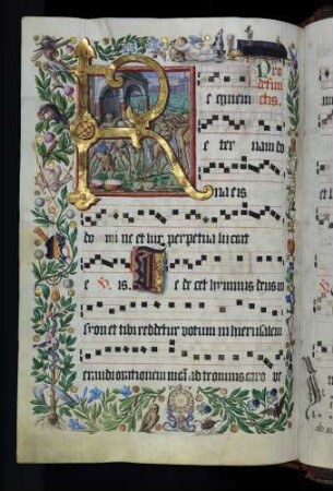 Zierseite mit Bordürenrahmen, Initiale mit Miniatur: R(equiem): Totentanz