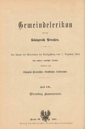 9: Gemeindelexikon für die Provinz Hannover
