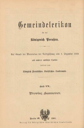 9: Gemeindelexikon für die Provinz Hannover