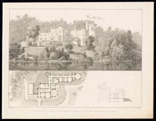 Schloss Babelsberg, Potsdam: Perspektivische Ansicht, Grundriss (aus: Sammlung Architektonischer Entwürfe, Berlin 1858)