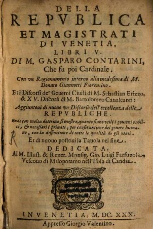 Della Repvblica Et Magistrati Di Venetia : Libri V