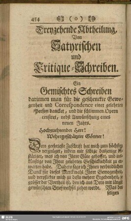 Dreyzehende Abtheilung, Von Satyrischen und Critique-Schreiben