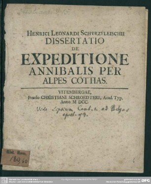 Henrici Leonardi Schurzfleischii dissertatio De expeditione Annibalis per Alpes Cottias