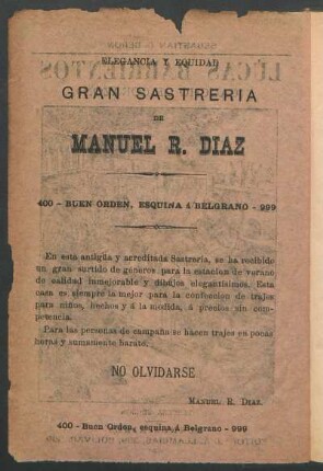 [Publicidad] Gran sastrería de Manuel R. Diaz