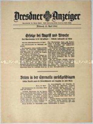 Nachrichtenblatt "Dresdner Anzeiger" mit Meldungen des OKW und des italienischen Oberkommandos von verschiedenen Fronten