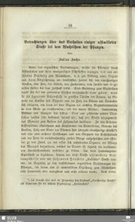 Betrachtungen über das Verhalten einiger assimilirten Stoffe bei dem Wachsthum der Pflanzen