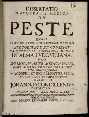 Dissertatio Inauguralis Medica, De Peste