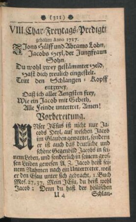 VIII. Char-Freytags-Predigt, gehalten Anno 1717.