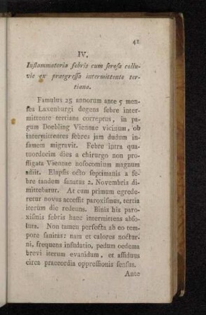 IV. Inflammatoria febris cum serosa colluvie ex praegressa intermittente tertiana.