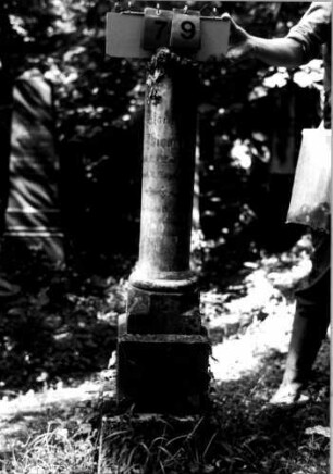 Grabstein 79 (Index: 100109334) Material: Säule Marmor (?), Sockel Kalkstein, eingelegte Bleibuchstaben Zustand: verwittert mit Textverlust Maße HxBxT: 123x26x26 cm Beschreibung: gebrochene Säule, getreppter Sockel Symbolik: Rose am Säulenende Besonderheit: Kindergrab: Grabstein 79