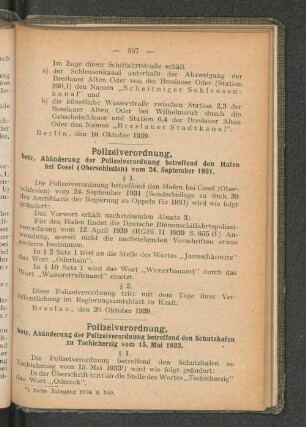 Polizeiverordnung, betr. Abänderung der Polizeiverordnung betreffend den Hafen bei Cosel (Oberschlesien) vom 24. September 1931. § 1.