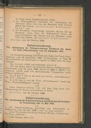 Polizeiverordnung, betr. Abänderung der Polizeiverordnung betreffend den Hafen bei Cosel (Oberschlesien) vom 24. September 1931. § 1.