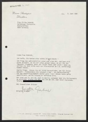 Brief an Ulrike Schmidt an Salzburger Festspiele, 05.06.1991