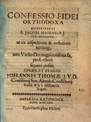 Confessio fidei orthodoxa, confessioni P. Jac. Masenii ... opposita