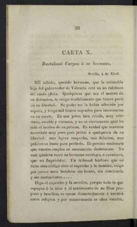 Carta X. Bartolomé Vargas á su hermano.