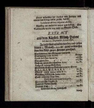 Extract aus dem Käyserl. Müntz-Patent sub dato 10. Septembr. Anno 1687.