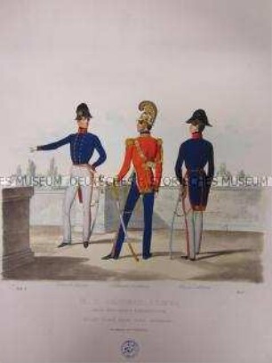 Uniformdarstellung, Gardisten der Lombardisch-Venetianischen Leibwache in Haus- bzw. Hofdienst-Uniform, Österreich, 1840. Tafel aus: Trentsensky: K.K. Oesterreichische Armée nach der neuen Adjustirung.