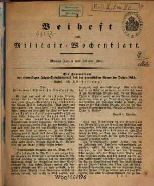 Militär-Wochenblatt. Beiheft : unabhängige Zeitschr. für d. dt. Wehrmacht. 1847