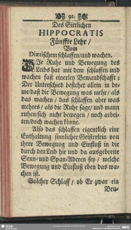 Fünffte Lehr, Vom Diaetischem schlaffen, und wachen