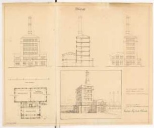 Kessel- und Maschinenhaus mit Gefallenenehrenmal Monatskonkurrenz März 1920: Grundriss Erdgeschoss, Aufriss Vorderansicht, Seitenansicht, Querschnitt 1:200; perspektivische Ansicht; Maßstabsleiste