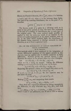 III. On the integration of certain equations of finite differences.