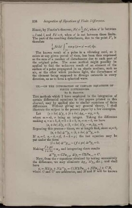 III. On the integration of certain equations of finite differences.