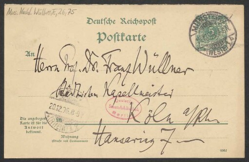 Postkarte an Franz Wüllner : 19.12.1896